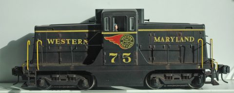 Chris Klein's Western Maryland custom painted and decaled with Modern Rails Decals. 44 Ton Locomotive.
